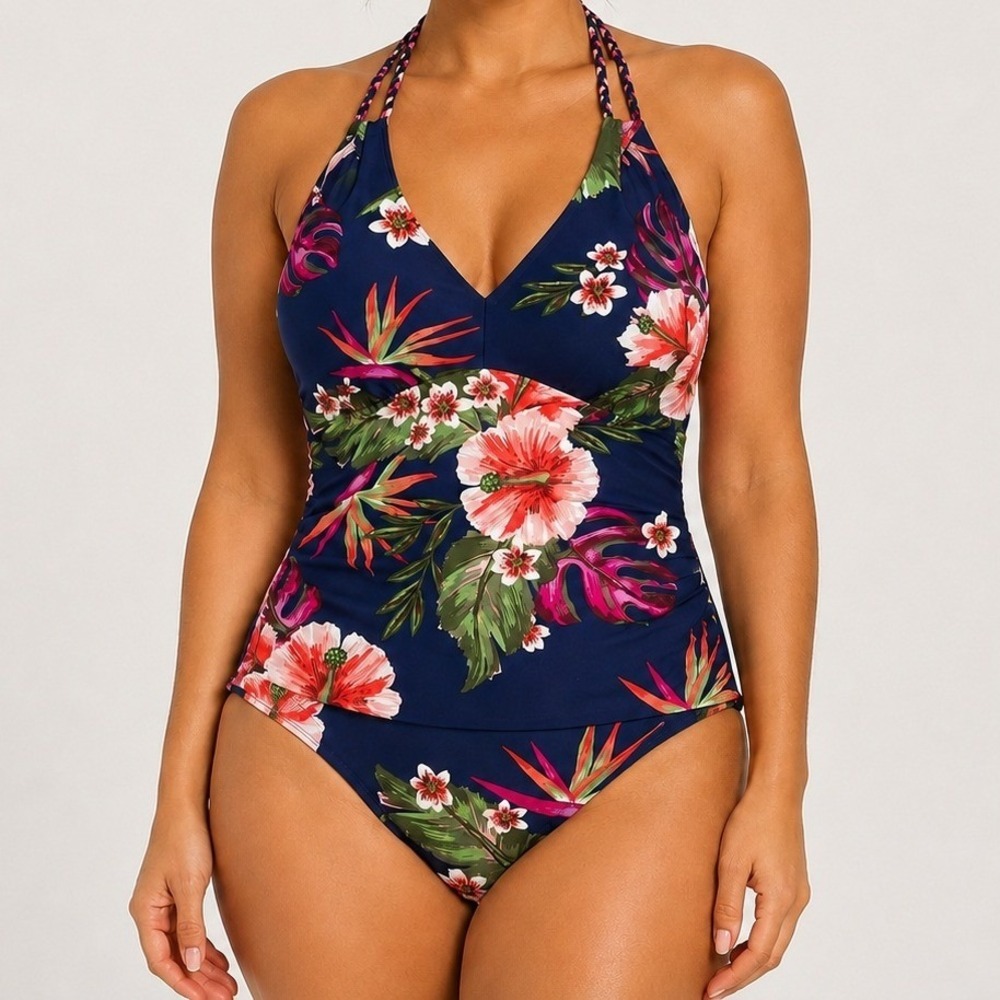 Kona Sol Womens Swim Suit Navy Tropical Hibiscus Floral High Neck One Piece Sz L